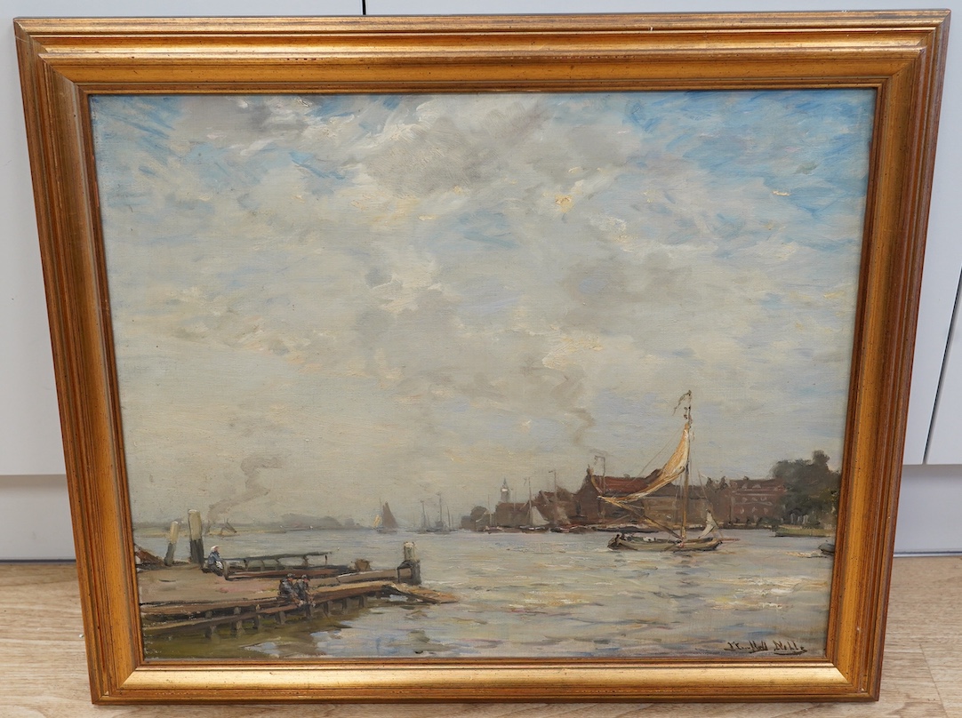 James Campbell Noble RSA (1846-1913), oil on canvas, Estuary scene with boats, signed, 50 x 60cm. Condition - fair, minor damage to the canvas, would benefit from a clean
